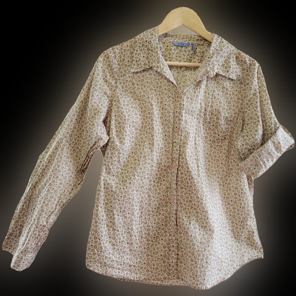 Women's XL Izod LS collar button up shirt cream floral